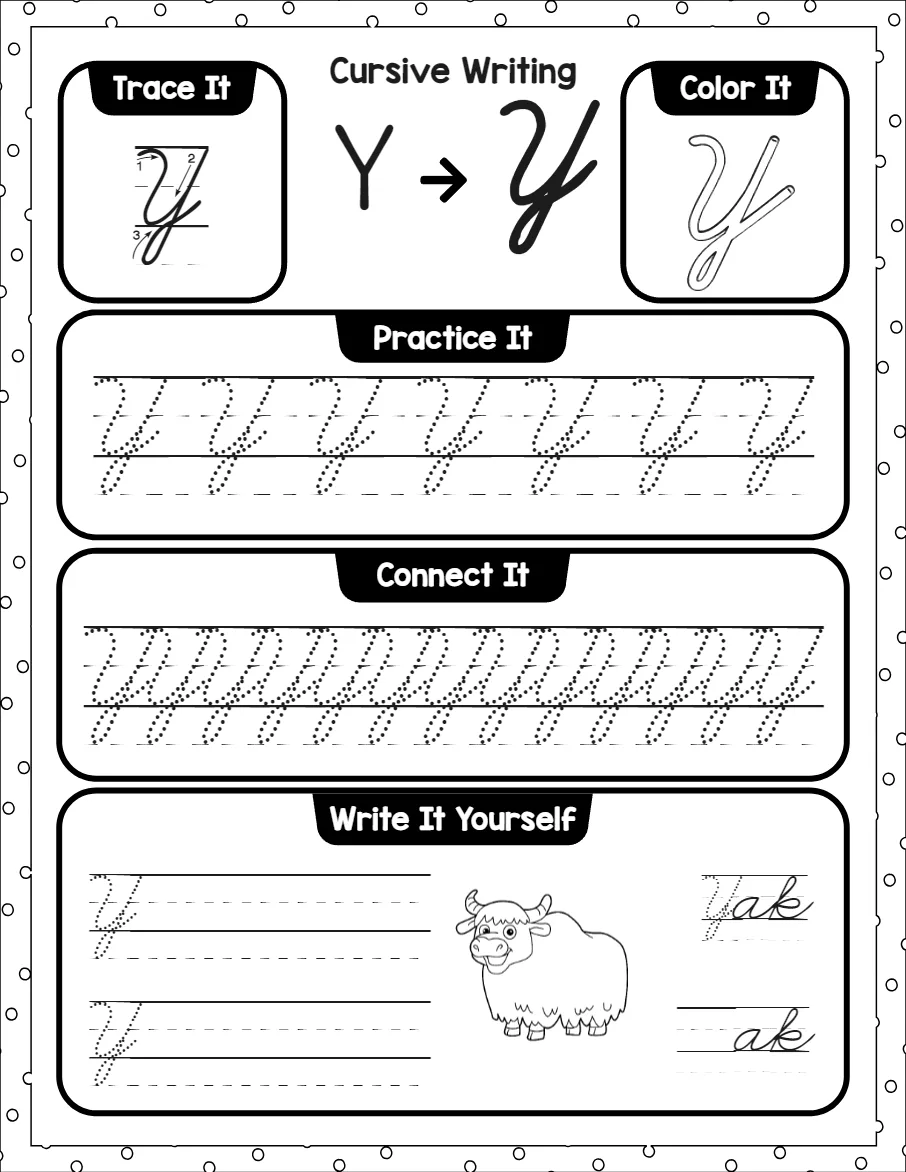 Cursive capital letters worksheet for the letter A, showing trace it, color it, practice it, connect it and write it yourself activities