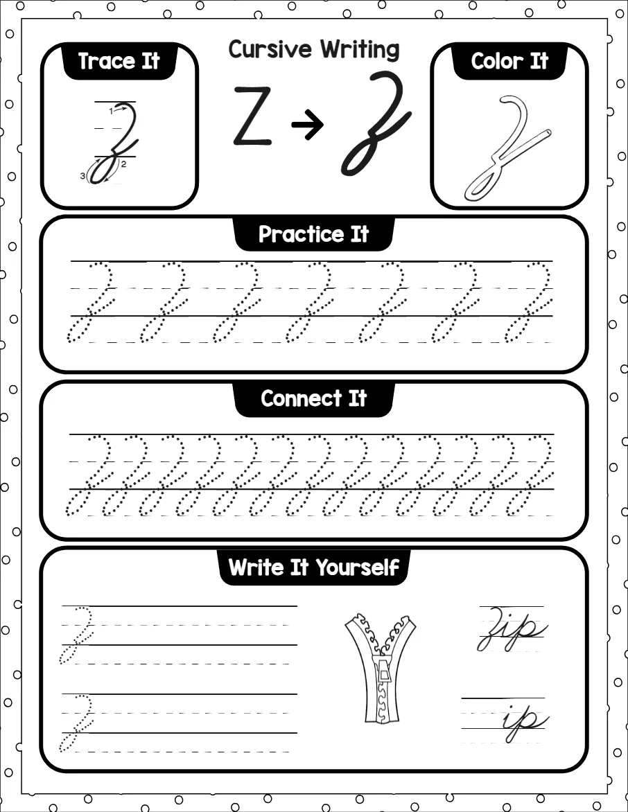 Cursive capital letters worksheet for the letter A, showing trace it, color it, practice it, connect it and write it yourself activities