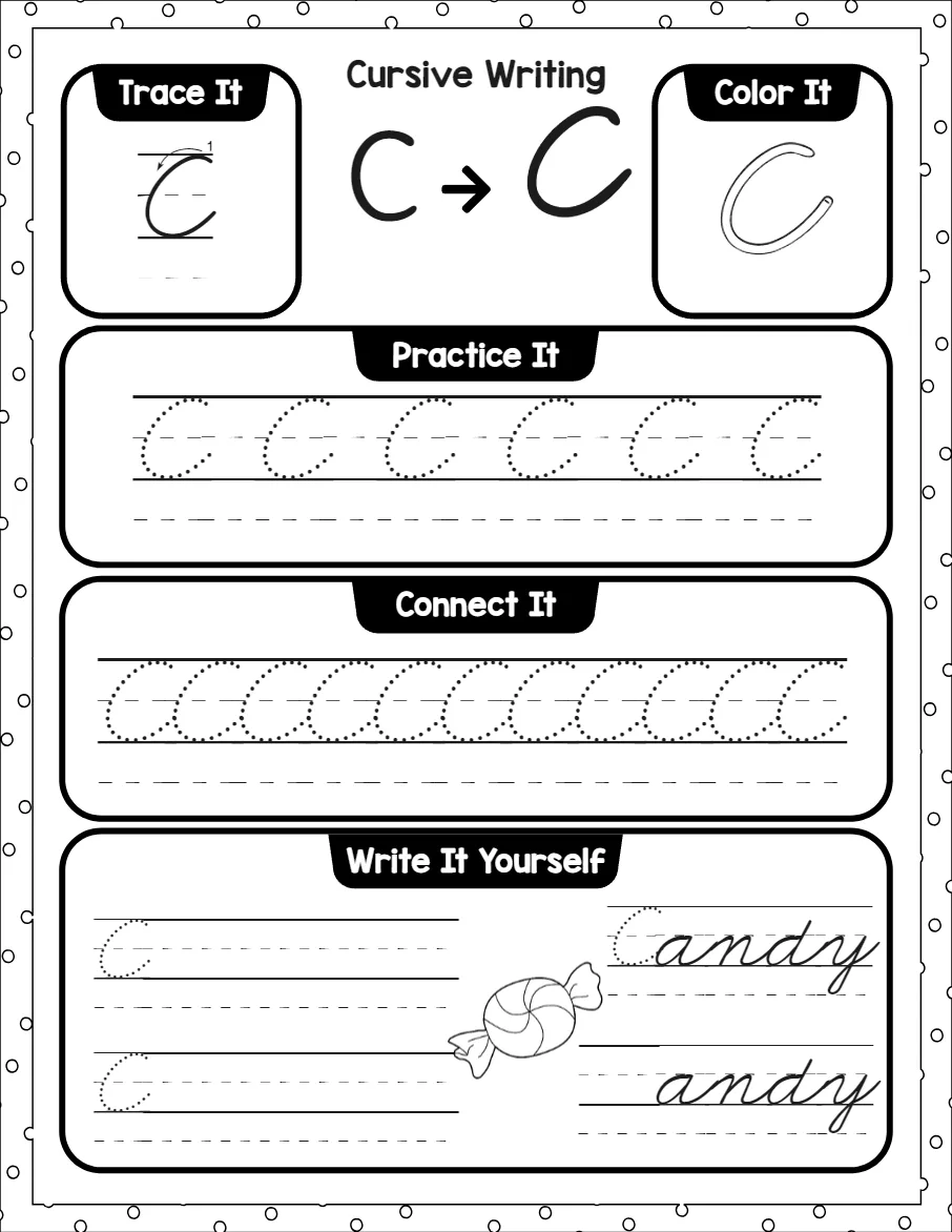 Cursive capital letters worksheet for the letter A, showing trace it, color it, practice it, connect it and write it yourself activities