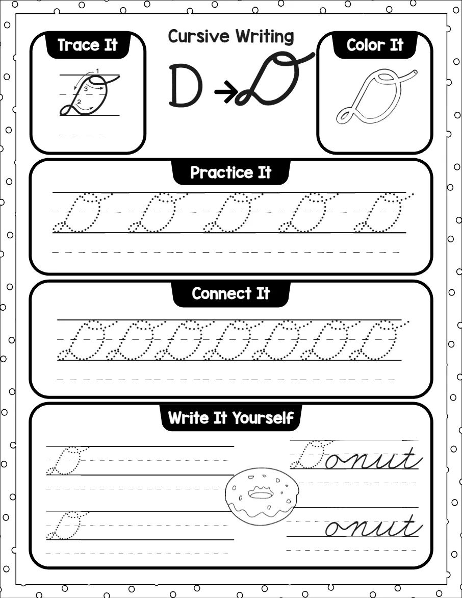 Cursive capital letters worksheet for the letter A, showing trace it, color it, practice it, connect it and write it yourself activities