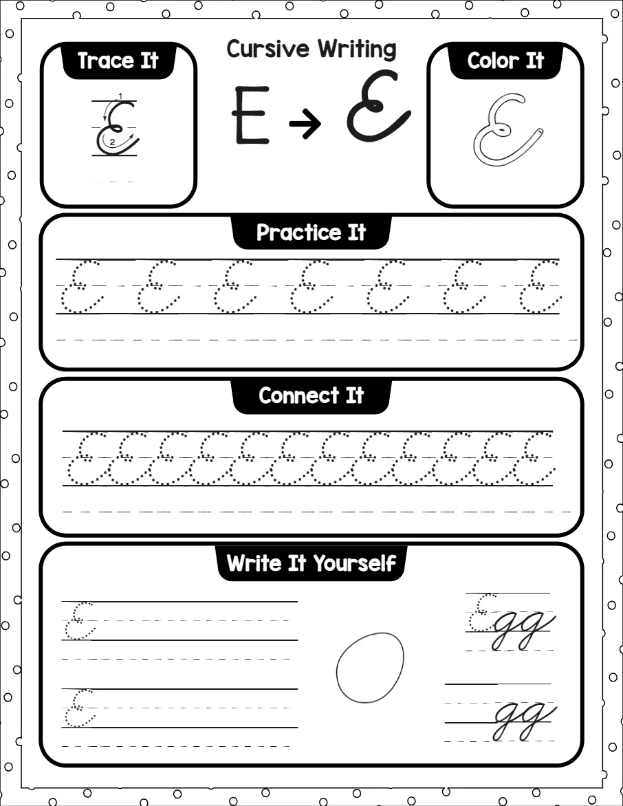 Cursive capital letters worksheet for the letter A, showing trace it, color it, practice it, connect it and write it yourself activities