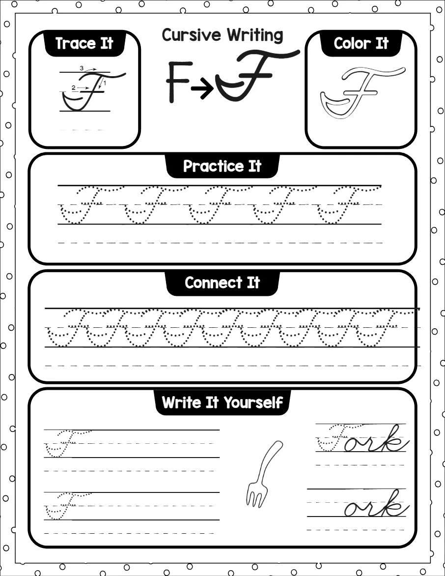 Cursive capital letters worksheet for the letter A, showing trace it, color it, practice it, connect it and write it yourself activities