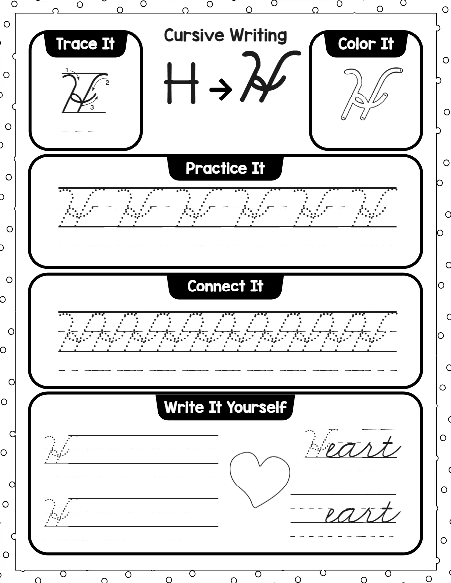 Cursive capital letters worksheet for the letter A, showing trace it, color it, practice it, connect it and write it yourself activities