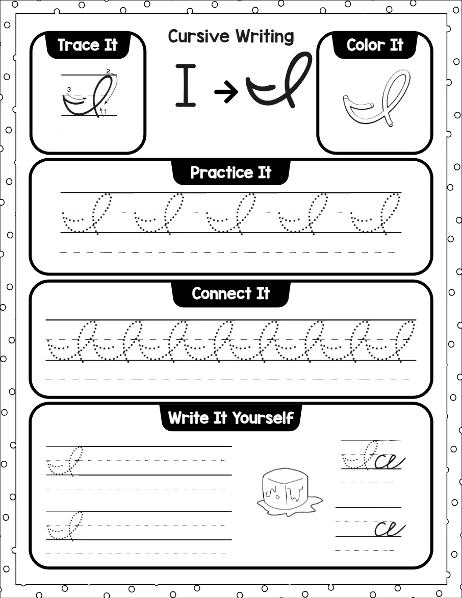 Cursive capital letters worksheet for the letter A, showing trace it, color it, practice it, connect it and write it yourself activities