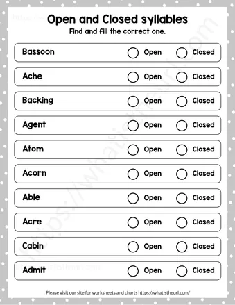 Free open and closed syllables worksheets - Exercise 2 (Exercise 1)