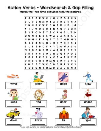 Grade 1 Verbs Worksheets - Action verbs word search and gap filling