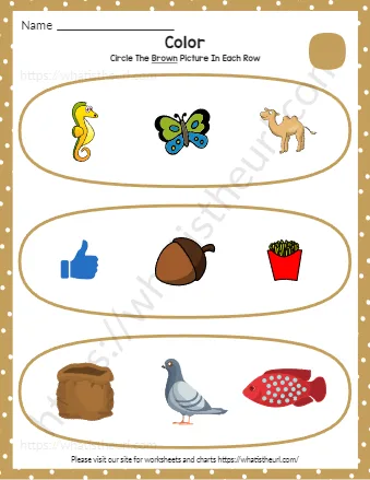 Kindergarten Color Recognition Worksheets Find And Circle Brown Pictures