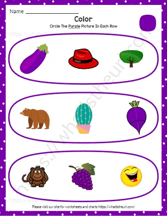 Kindergarten Color Recognition Worksheets Find And Circle Purple Pictures