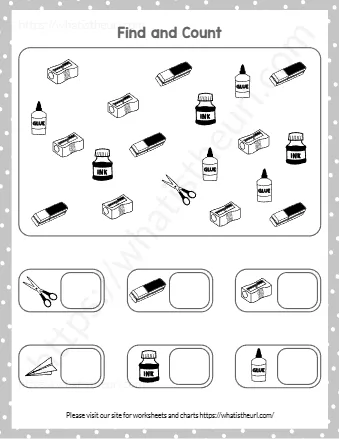 Kindergarten Numbers Counting Worksheets Find And Count School Supplies