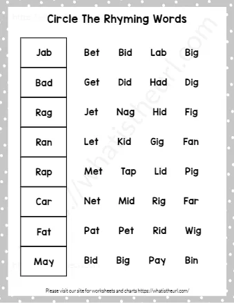 Kindergarten Rhyming Words Worksheets Circle The Rhymes Exercise 1