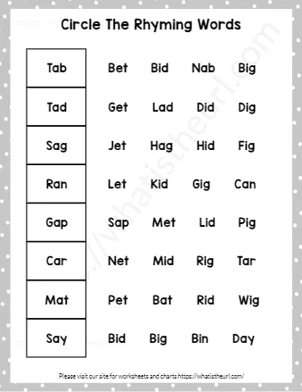 Kindergarten Rhyming Words Worksheets Circle The Rhymes Exercise 9
