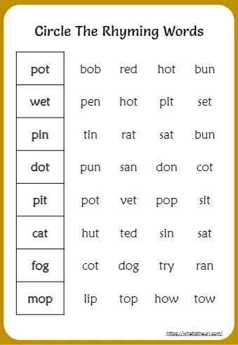Kindergarten Rhyming Words Worksheets Circle The Rhymes Exercise 13