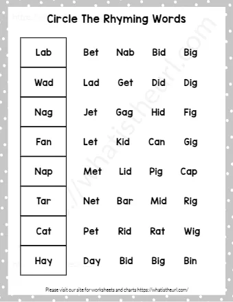 Kindergarten Rhyming Words Worksheets Circle The Rhymes Exercise 3