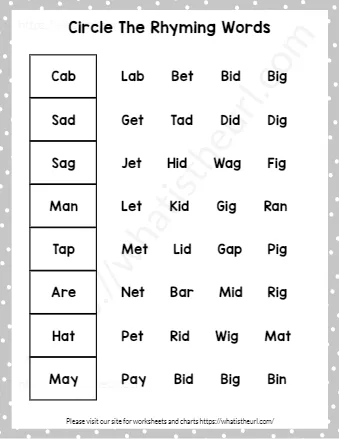 Kindergarten Rhyming Words Worksheets Circle The Rhymes Exercise 7