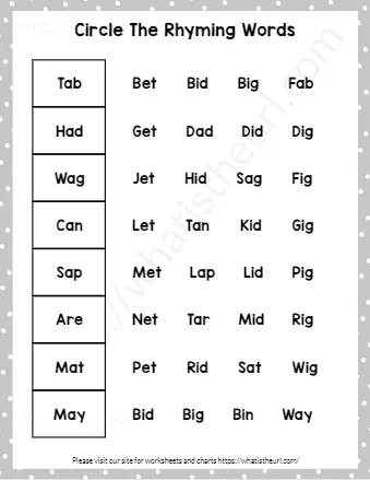 Kindergarten Rhyming Words Worksheets Circle The Rhymes Exercise 8