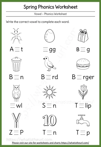 Kindergarten Short Vowels a e i o u worksheets - Spring Phonics Worksheet