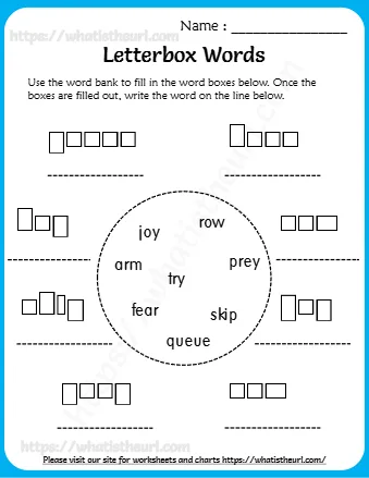 Letterbox Words Row Fear Prey Try Skip Arm Queue Joy