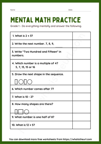 Mental Math Worksheets for Grade 1 - Mental Math Practice Sheet 05 (1 Page)