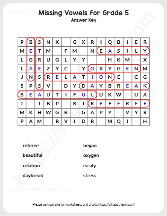 Missing Vowels For Grade 5