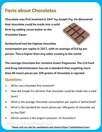 Reading Comprehension for Grade 4 - Chocolate Was First Invented In 1847 By Joseph Fry He Discovered