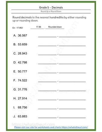 Rounding Worksheets - Decimal Round up Round down - Hundredths