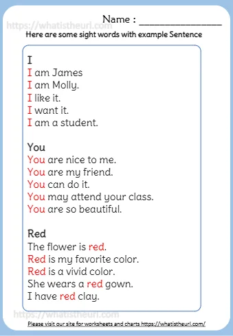 Sight Words With Example Sentence