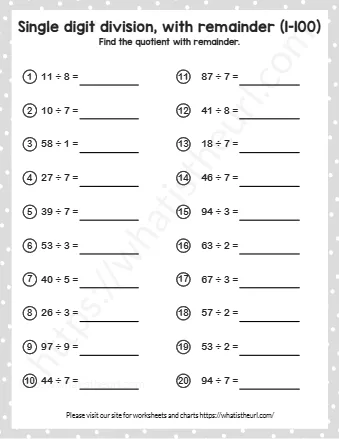 Single Digit Division With Remainder 1 100