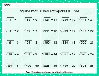 Square Root Of Perfect Squares 1 625