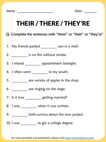 There, Their and they're worksheet - There, Their and they’re worksheet – Exercise 1